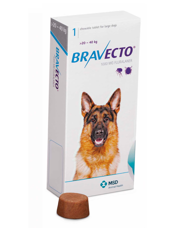 Bravecto G 1000 mg  20 - 40 kg Comprimido Masticable para control de Pulgas y Garrapatas