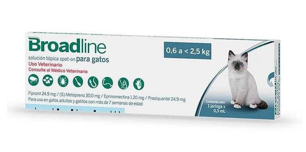 Broadline  S gatos 0.6 a 2.5  kg  solución tópica  0.3 mL (parásitos internos y externos) TEMPORALMENTE AGOTADO