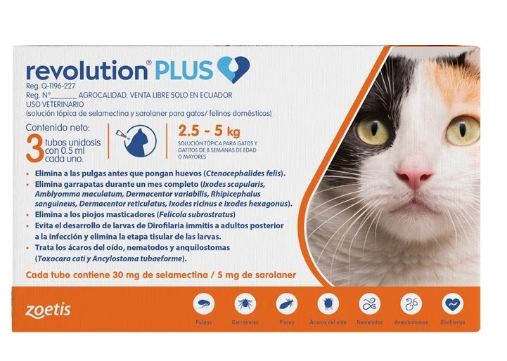 Revolution Plus Naranja ( Gatos de 2.5 a 5 kg ) 3 pipetas 0.5 mL c/u